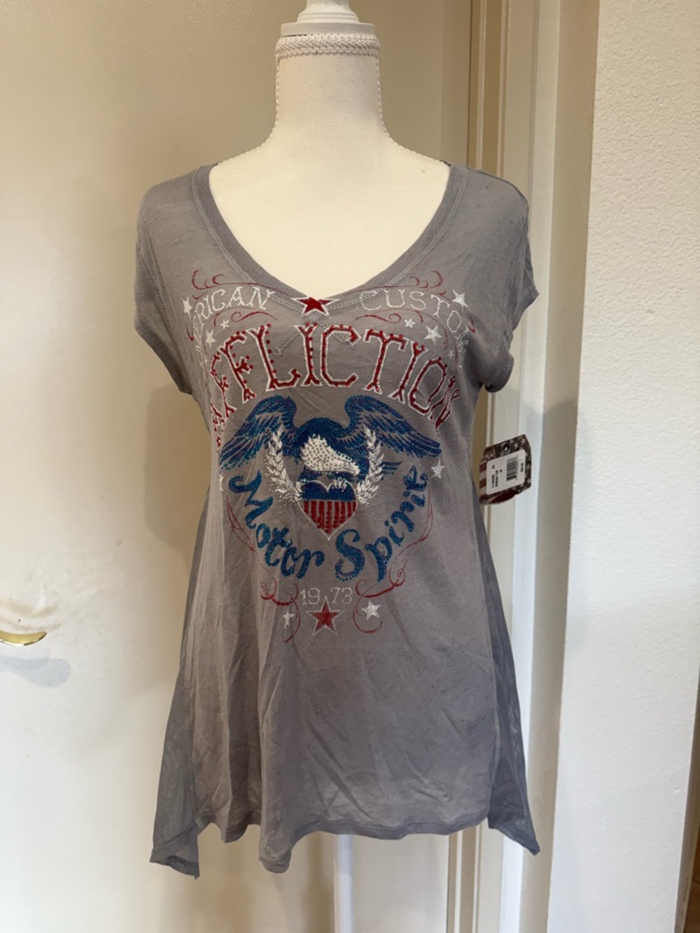 Affliction Gray Eagle Graphic V-Neck Tunic with Red & Blue Accents